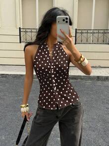 Siren Gaze Casual Minimalist Brown Base White Polka Dot All-Over Print Retro Style Women Shirt, Suitable For Spring & Summer - Multicolor - View 5