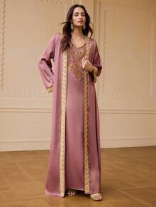 ZEYLAH 女士缎带饰边长袖睡袍和无袖连衣裙优雅两件套 - 中紫紅色 - 查看 6