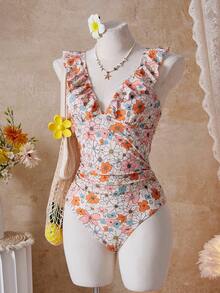 Swim Mod 1 件装热带碎花荷叶边露背连体泳衣夏季 - 彩色 - 查看 4