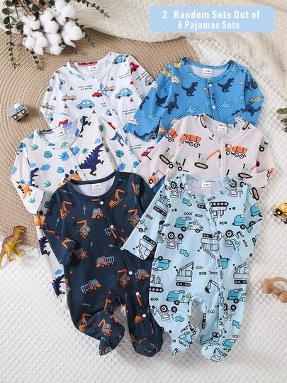 6-Piece Baby Round Neck Long Sleeve Footed Rompers Spring Autumn White Blue Navy Light Blue Cartoon Dinosaur Car Truck Prints Sleepwear Loungewear Pajamas Home Wear Set Soft Breathable Cotton Fabric Cute Comfy Cozy Newborn Gift Casual Fashionable Daily Wear High Quality Skin-Friendly Toddler Jumpsuit Pack For Infants