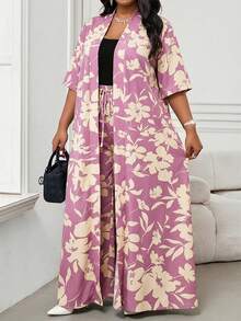 SHEIN Lady Pink Modest Summer Plus Size Dress For Women Floral Print Open Front Cardigan With Matching Wide Leg Trousers - Pink - View 3