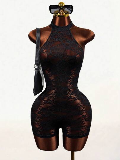 Mistrie Women's Lace Hollow Embroidered Halter Backless Romper, Sexy & Sheer