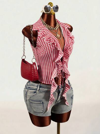 Mistrie Women's Plaid Drape Tie-Up Sexy Blouse