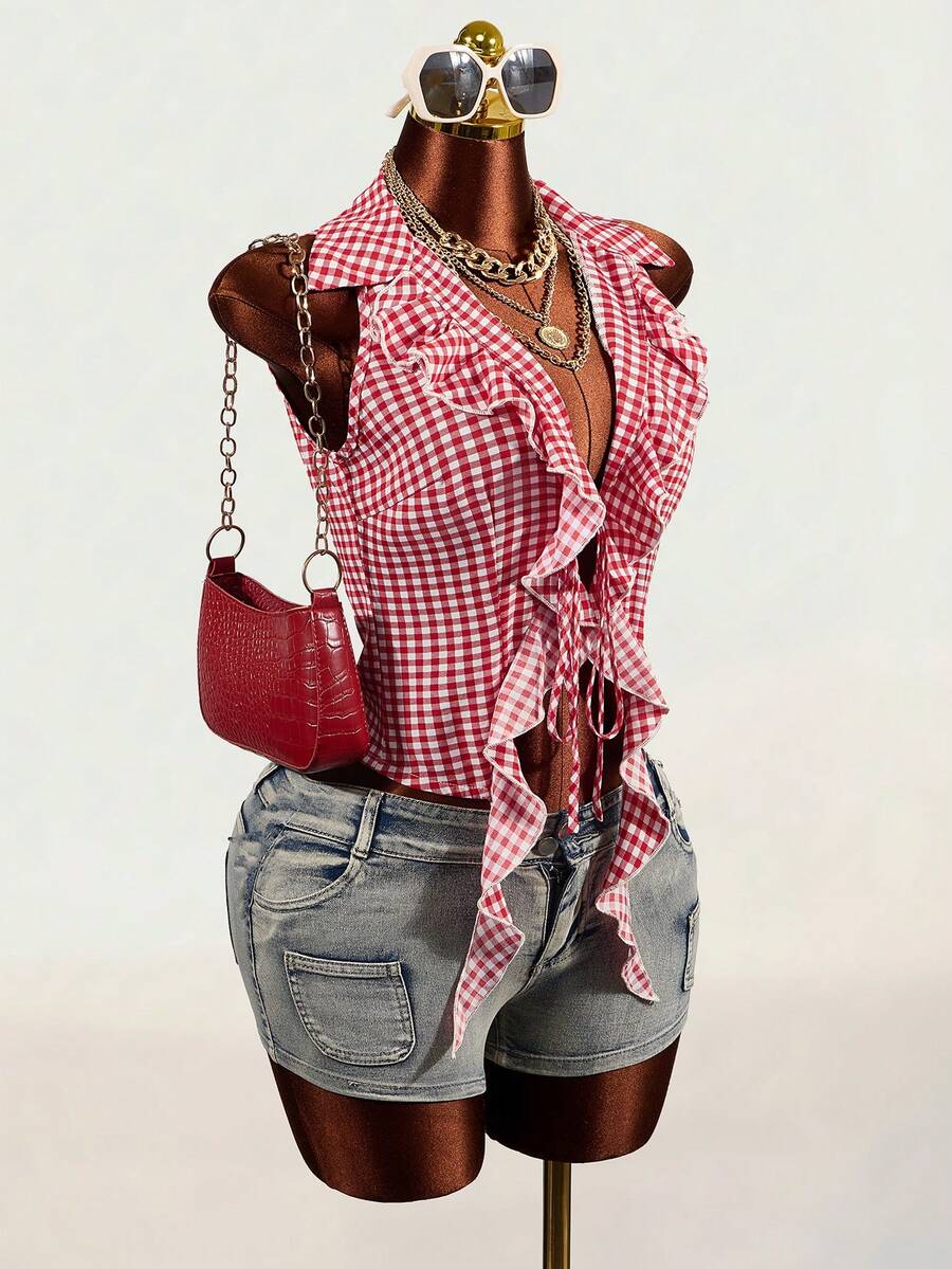 Mistrie 女士格子垂褶系带性感衬衫 - 彩色 - 查看 1