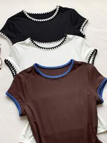Comfortcana 3pcs Women Summer Casual Vacation & Commute Contrast Trim Cap Sleeve T-Shirt Set - Multicolor - View 5