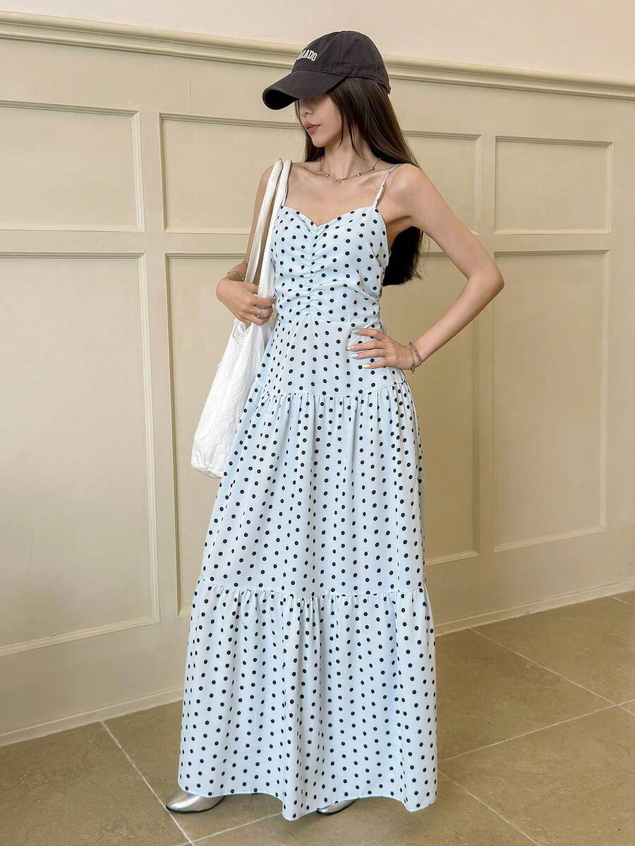 K-Vae 女士夏季浅蓝色波点吊带连衣裙，腰部褶皱设计，露背蝴蝶结设计，韩版ins风度假长裙 - 藍色 - 查看 1