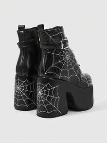 ROMWE Grunge Punk Giày sandal cao gót nữ ~ Thời trang mới 2026 Thu Đông phong cách Punk màu đen PU mũi tròn phong cách punk đế dày buộc dây phía trước kiểu hiệp sĩ phong cách Y2K Goth JK mạng nhện đường phố bốt ngắn bốt cưỡi ngựa - màu đen - Xem 4