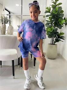 SHEIN Bộ đồ thể thao mùa hè dành cho bé gái tuổi teen, gồm áo thun rộng và quần short bó sát nhuộm màu tie-dye, chất liệu mềm mại và thoải mái. - Nhiều màu - Xem 6