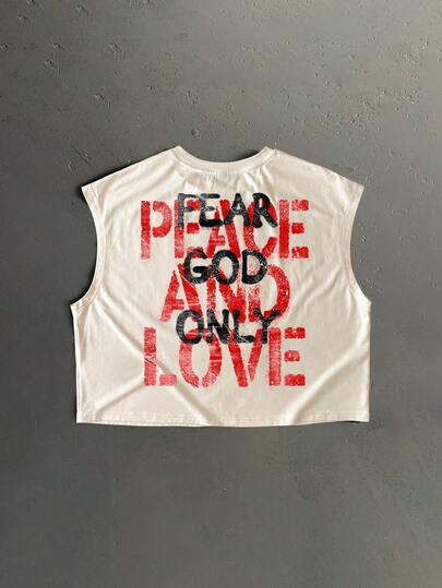 Manfinity ZONE917 Boxy Short Street Fashion Distressed Red & Black Contrast PEACE AND LOVE Print Loose Fit Racerback Tank Top, Suitable For Summer