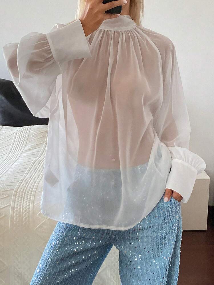 Women's Loose Fit Solid Color Bowknot Tie Cuff Long Sleeve Elegant Formal Summer Blouse
