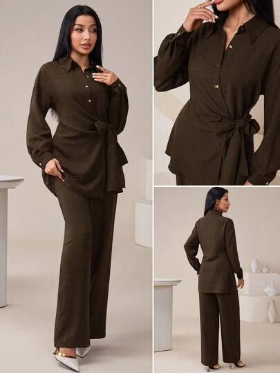 Veilorie Women's Solid Color Drop Shoulder Long Sleeve Side Knot Shirt And Pants Casual 2-Piece Set Work Clothes Women Set Blouse And Pants Sets For Woman Work Suits For Women Pants Suit Pants Suits For Woman