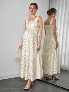 Momance 夏季女士波点蝴蝶结褶皱收腰青春荷叶边吊带摆裙 - 杏色 - 查看 3