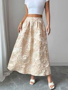 SHEIN Elenzya Falda acampanada de jacquard elegante y romántica para vacaciones, oficina y fiestas en color albaricoque - Albaricoque - Ver 4