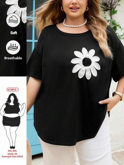 SHEIN CURVE+ Camiseta holgada de manga corta con cuello redondo y bordado floral para mujer talla grande, estilo casual negro para el verano