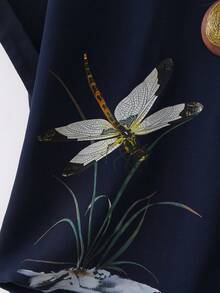 Rusticease 大尺碼女款海軍藍夏季休閒度假蜻蜓印花蝙蝠袖寬鬆上衣，日常通勤春節海灘穿搭 - 藍色 - View 3