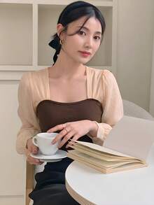 DAZY 女士撞色心形领长袖时尚衬衫 - 棕色 - 查看 5