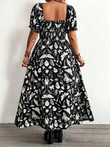 Whyspr Plus Size Punk Style V-Neck Printed Long Dress, Spring/Summer - Black - View 2