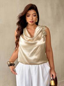 Auralis Plus Size Champagne Summer Elegant Khaki Satin Blouse, Floral Applique Pleated Collar Halter Neck Sleeveless Pullover Top For Party Wedding Prom - Khaki - View 1