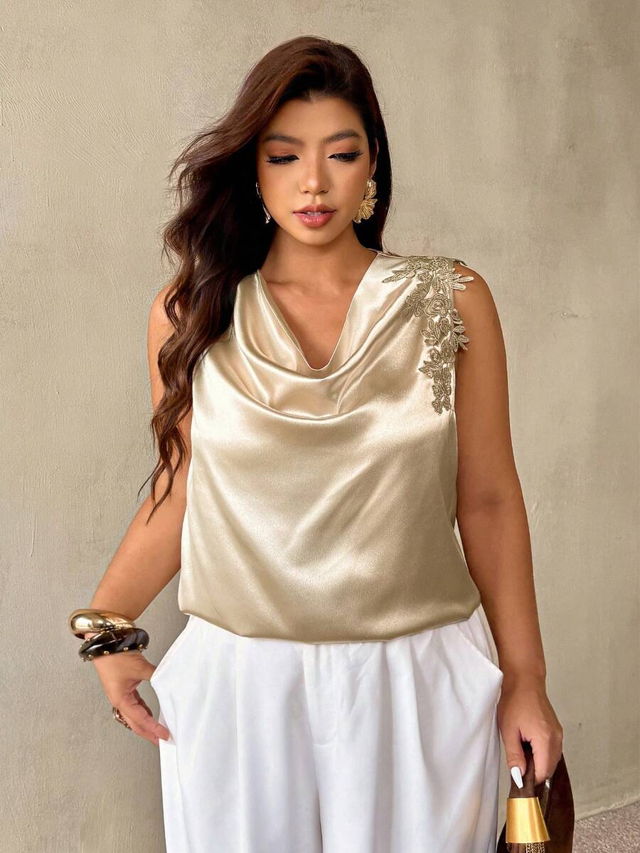 Auralis Plus Size Champagne Summer Elegant Khaki Satin Blouse, Floral Applique Pleated Collar Halter Neck Sleeveless Pullover Top For Party Wedding Prom - Khaki - View 1