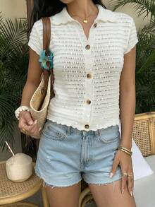 Sunnyshic Cárdigan de verano para mujer, de estilo casual y versátil, con cuello en pico, manga corta y diseño hueco, en color blanco - Blanco - Ver 8