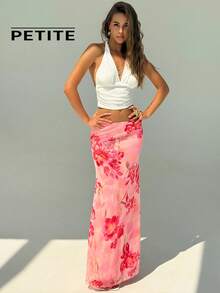 SHEIN Aloruh Petite 娇小女装夏季新款粉色优雅印花波西米亚风热带海滩度假低腰长裙 - 粉色 - 查看 3