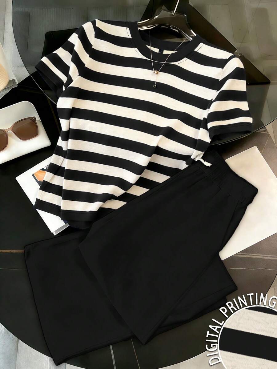 Resyla Women's Round Neck Short Sleeve Striped Casual 2 Pieces Set, Summer - Multicolor - View 1
