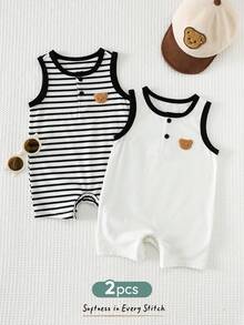 Cozy Pixies 男婴夏季休闲小熊绒面连体衣 - 黑與白 - 查看 4