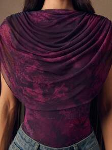 SHEIN BAE Áo liền thân cổ tròn thắt eo, in họa tiết hoa tím nhuộm tie-dye, thích hợp cho tiệc tốt nghiệp, các dịp trang trọng, tiệc cocktail, hẹn hò lãng mạn, tụ họp, hộp đêm, sự kiện trang trọng, đi chơi tối. - Màu tím - Xem 5