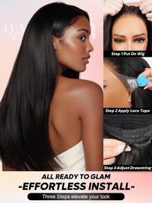 ALL READY WIG 13x6 直发 Flexfit 抽绳假发适合所有头型前部假发真人发 180% 密度漂白结头无胶真人发假发自然黑色女士 - Natural Black - 查看 4