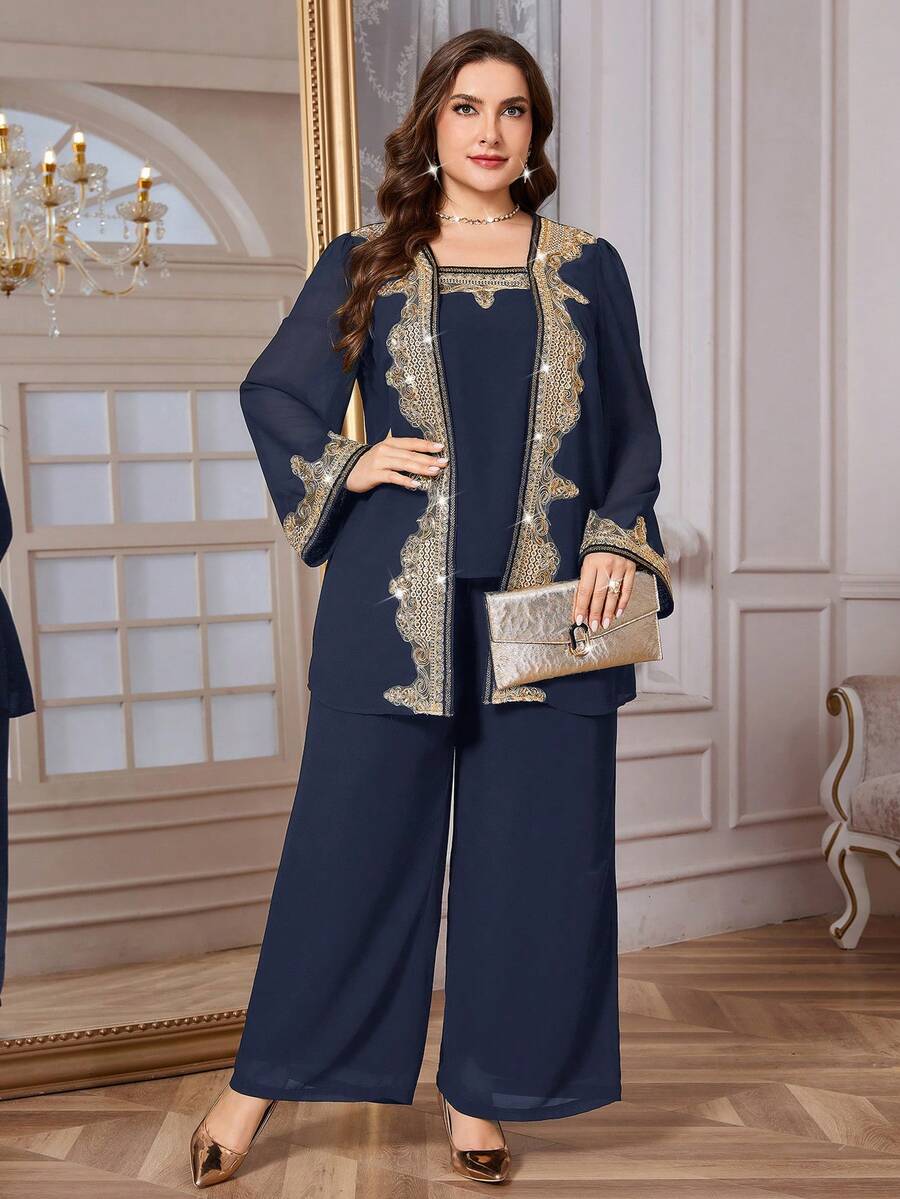 Reflora Bộ đồ 2 mảnh cỡ lớn dành cho nữ, trang phục 2 mảnh đính đá lấp lánh màu tím sang trọng, thích hợp cho tiệc tùng, mùa thu/đông. - Màu xanh hải quân - Xem 1