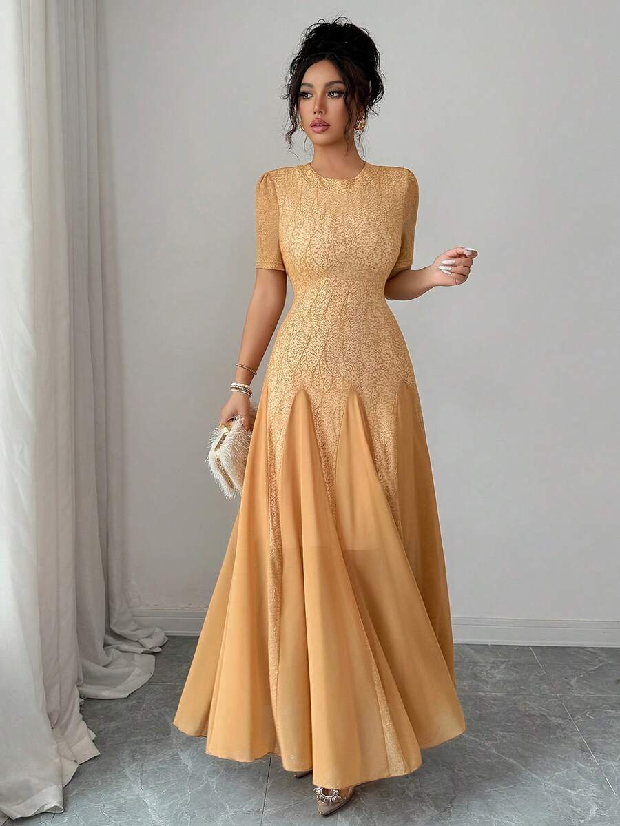 Modelyn Women's Elegant Romantic Rhinestone Shiny Fabric Long Dress, Suitable For Spring/Summer, Parties And Events - Khaki - View 1