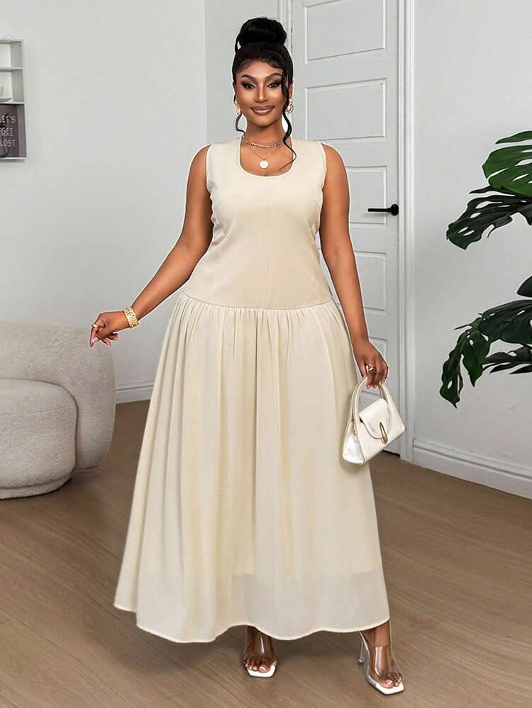 Dazy Plus Chiffon Patchwork Sleeveless Fitted Dress, Elegant Summer Resort Wear, Plus Size