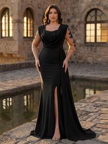 Aureia Plus Size Elegant Black Formal Evening Dress For Spring Luxurious Sequin Applique Satin Plunging Draped Neck 3/4 Sleeve Ruched Mermaid Hem Gown - Black - View 7