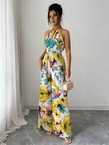 Elenzga Bộ jumpsuit nữ thanh lịch không tay, dây mảnh, xếp ly, thắt eo, họa tiết hoa. - Nhiều màu - Xem 6