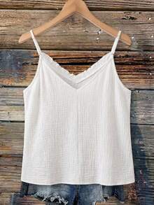 SHEIN VCAY Plus Size Bohemian Ruched Textured Cami Top, V-Neck Loose Floral Lace Trim Cami Top, Versatile Lightweight Summer Cami Top - White - View 2