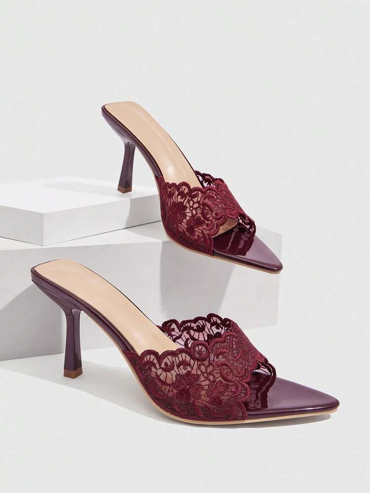 CUCCOO SZL Women Embroidered Lace Pointed Toe Stiletto Heeled Sandals