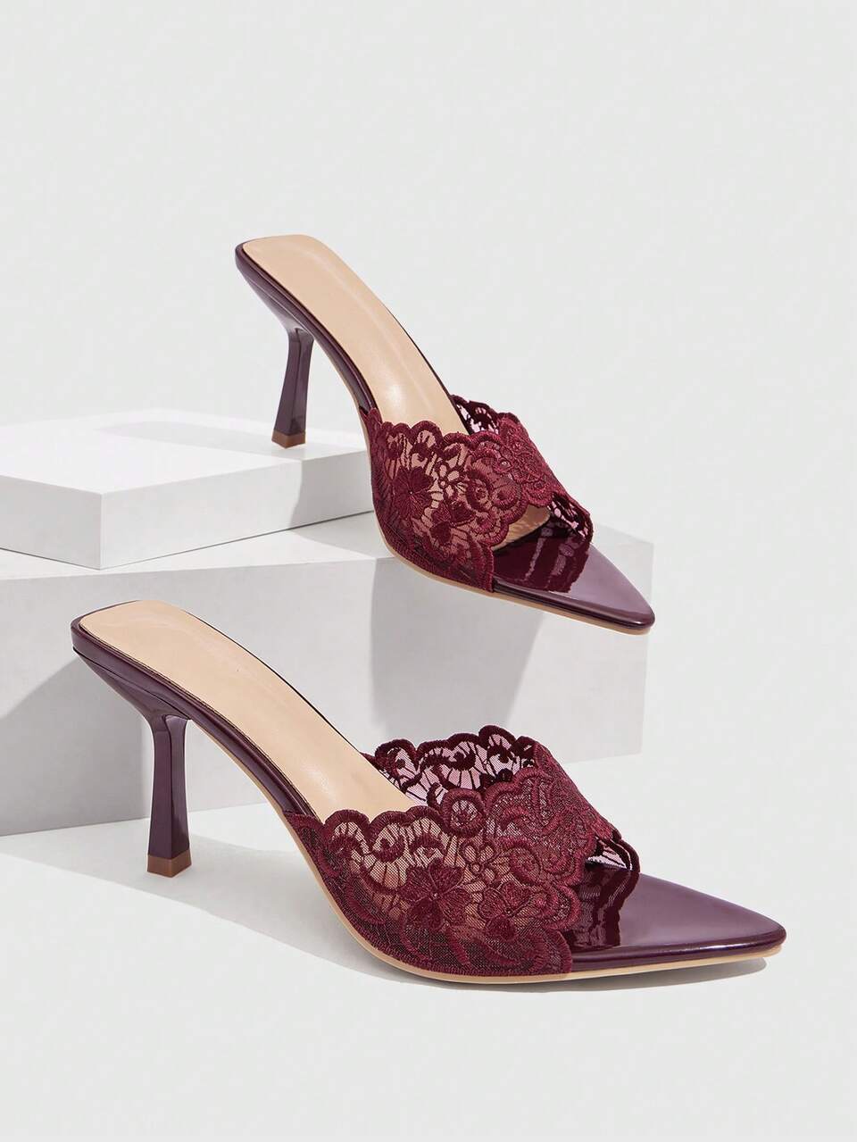 CUCCOO SZL Women Embroidered Lace Pointed Toe Stiletto Heeled Sandals Summer Shoes