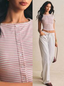 Poéselle 女士休闲条纹纽扣前开襟T恤，夏季 - 彩色 - 查看 2