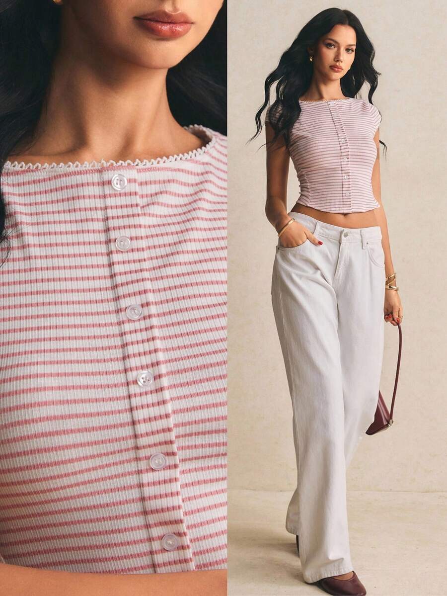 Poéselle 女士休闲条纹纽扣前开襟T恤，夏季