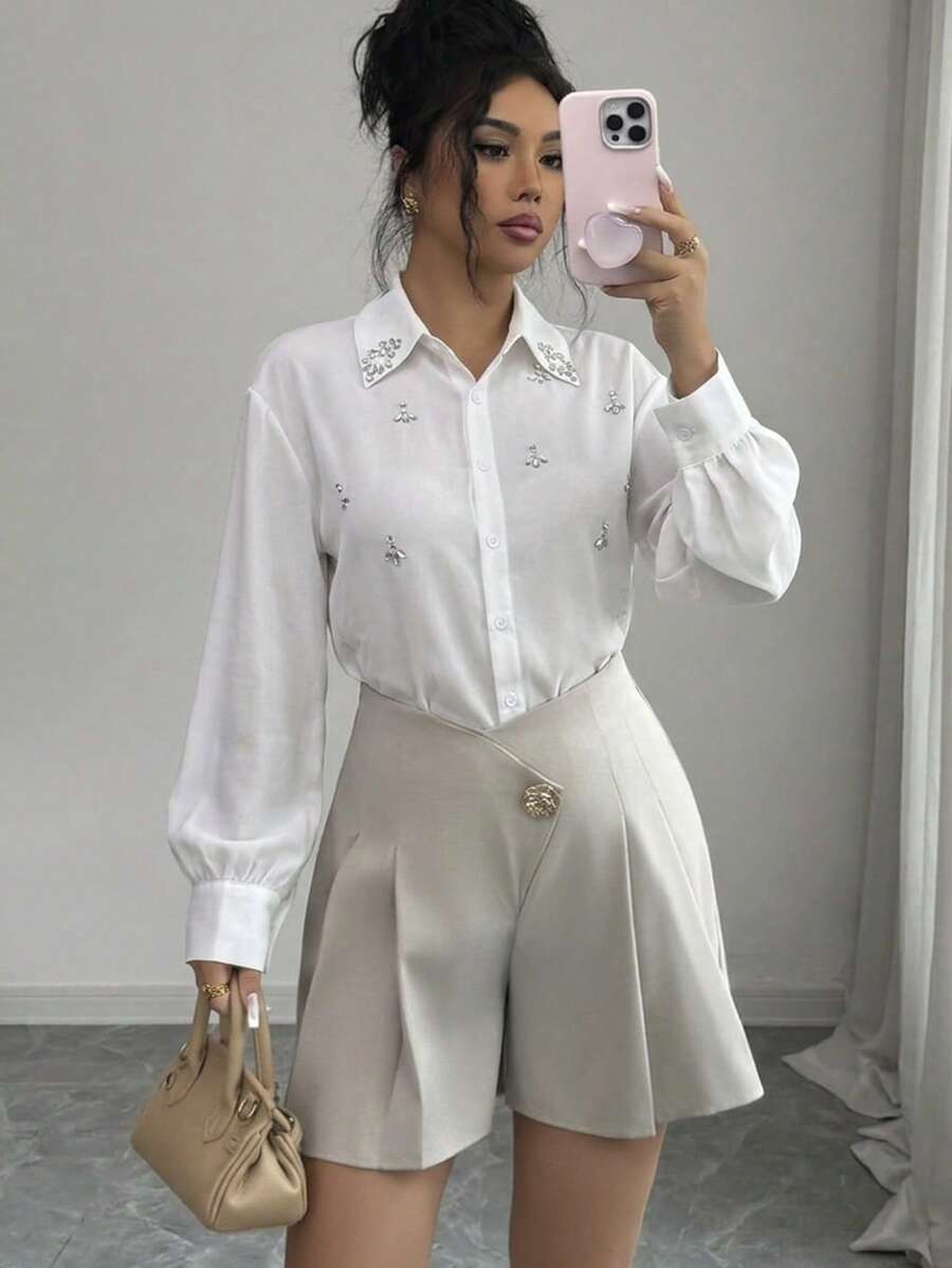 Modelyn 女士优雅通勤纯色褶皱短裤，夏季