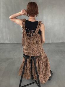 FRIFUL Đầm nữ họa tiết da báo xếp nếp viền, kiểu dáng thường ngày. - màu nâu - Xem 5