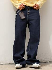 Quần jeans nam màu xanh hải quân đã giặt, thiết kế phối nhiều mảnh vải, cài nút, dáng dài. - Màu xanh lam - Xem 5