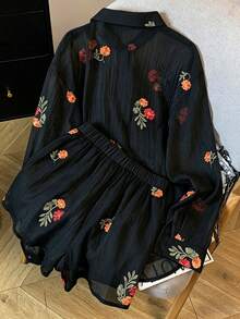 Franclia Women's Floral Embroidered Long Sleeve Shirt And Shorts Casual 2 Pieces Set - Black - View 2