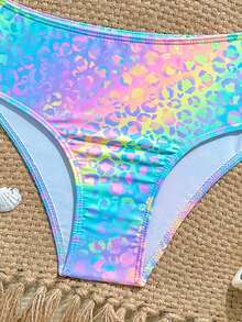 SHEIN 两件套少女格子碎花弹力速干舒适针织面料连体泳衣套装，适合游泳池、海滩、冲浪、度假、夏季旅行 - 彩色 - 查看 6