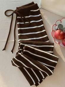 Comfortcana Plus Size Women Casual Striped Knit Sweater & Pants Set - Brown - View 1