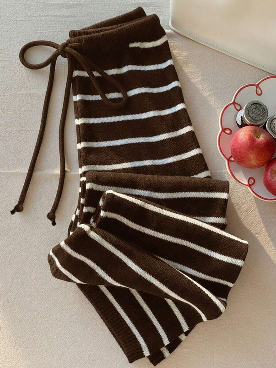 Comfortcana Plus Size Women Casual Striped Knit Sweater & Pants Set - Brown - View 1