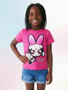 THE POWERPUFF GIRLS X SHEIN Maija Kids 1 chiếc áo thun bé gái họa tiết hoạt hình, thích hợp mặc mùa hè. - Nhiều màu - Xem 4
