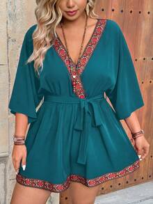 Ceyna Bộ jumpsuit cỡ lớn cổ chữ V tay lửng 3/4 viền ren thanh lịch phong cách retro bohemian dễ thương thắt nơ eo. - Màu xanh lam - Xem 3