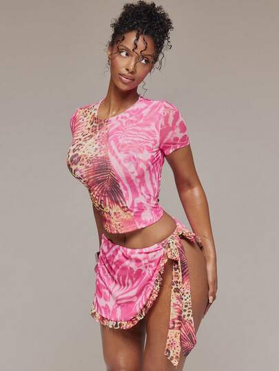 MUSERA 混色花卉动物纹网纱修身婴儿T恤和迷你裙套装，春夏伊比沙岛音乐节假日度假可爱性感Y2K夜店热带诱惑