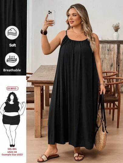 SHEIN CURVE+ Plus Size All Cotton A-Line Black Maxi Slip Dress, Suitable For Vacation, Music Festival